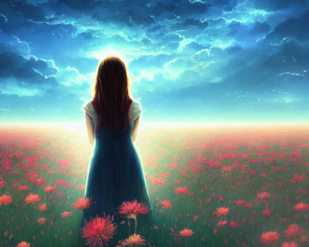 Woman in blue dress amidst pink flowers under vibrant sunset