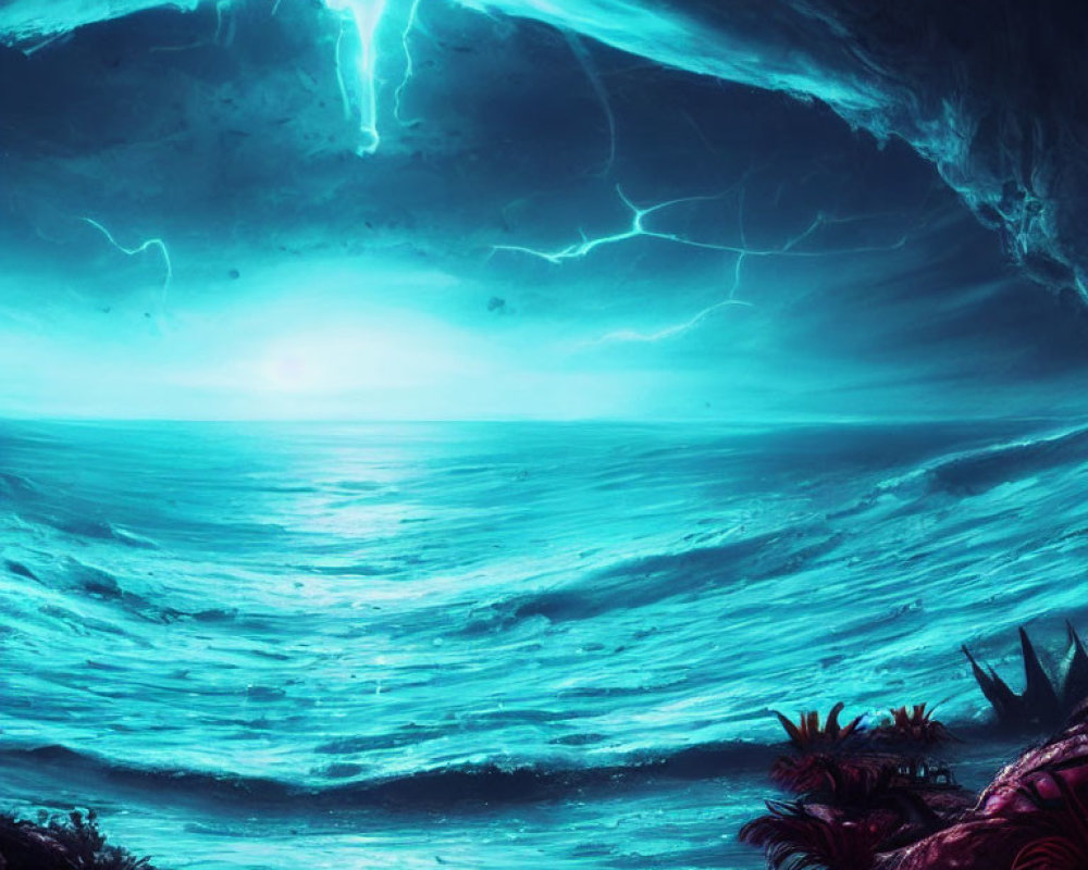 Luminous Blue Seascape with Glowing Plants and Turbulent Waves