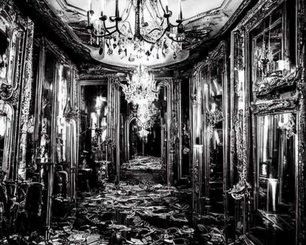 Luxurious Monochrome Room with Ornate Mirrors & Chandeliers