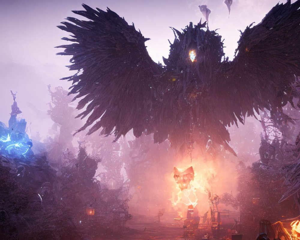 Giant black bird with glowing eyes over violet-hued fantasy village