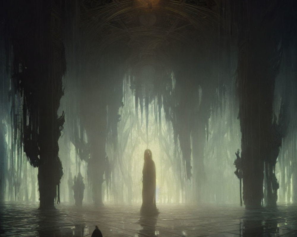 Mysterious Gothic hall with lone figure and towering columns