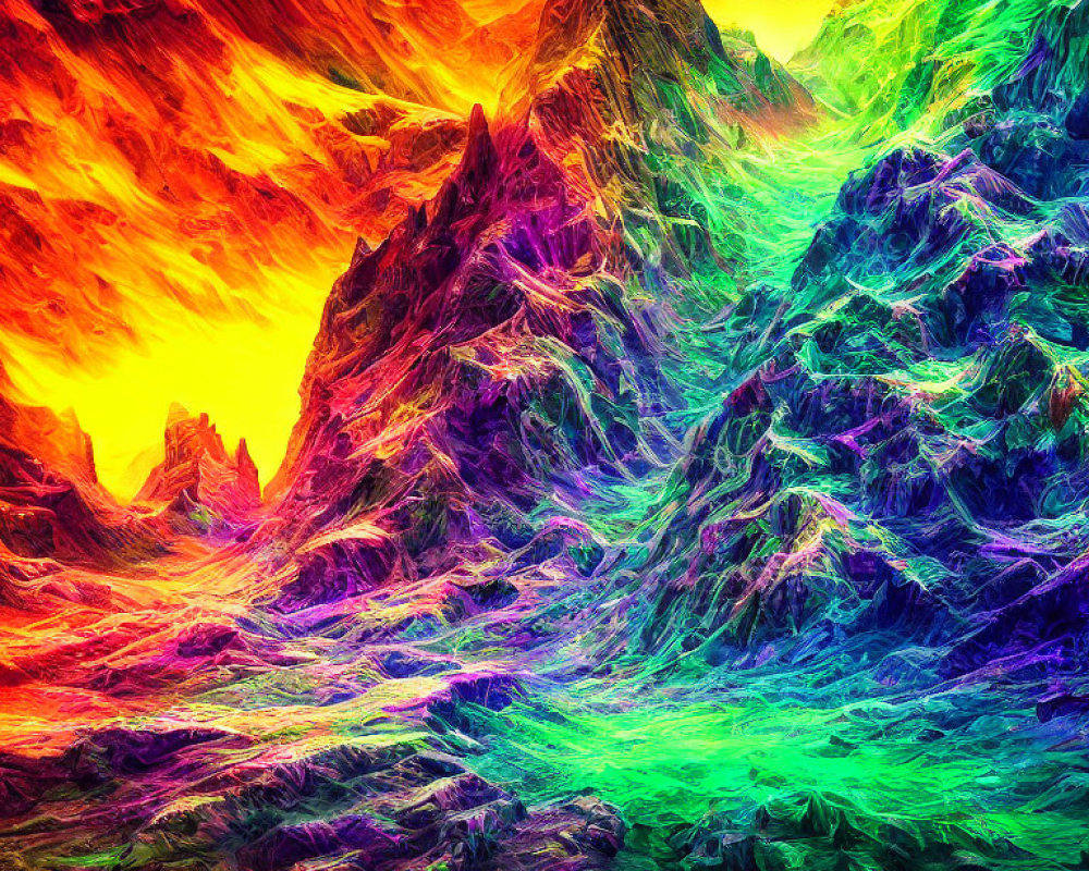 Vibrant Abstract Digital Art: Fiery Neon Mountain Landscape
