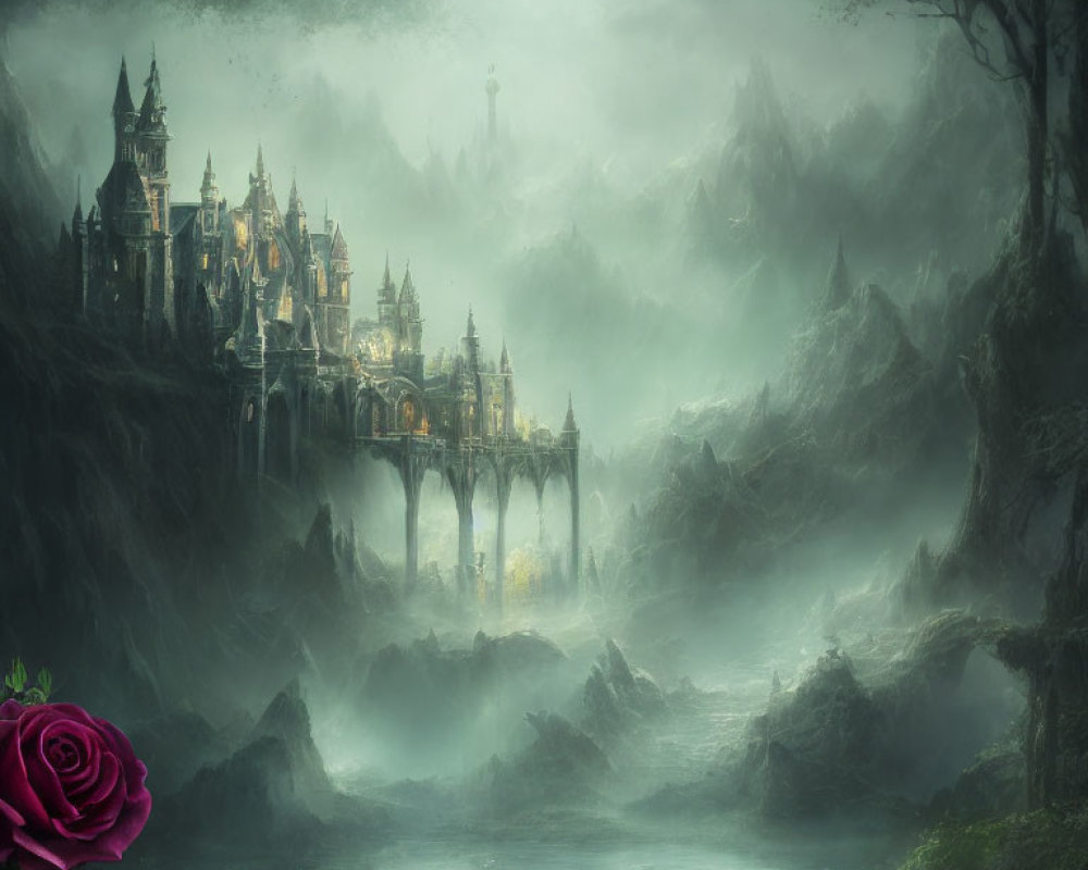 Mystical castle in foggy mountains with glowing lake and rose.