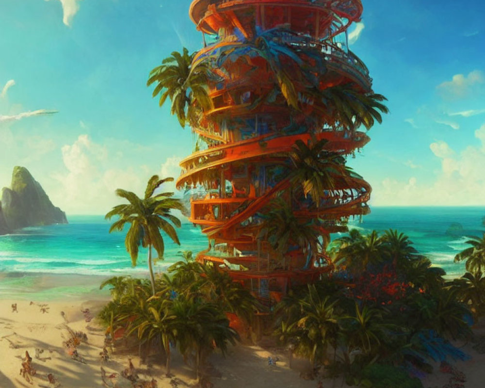 Tropical beach scene with people, palm trees, and spiral observation deck.