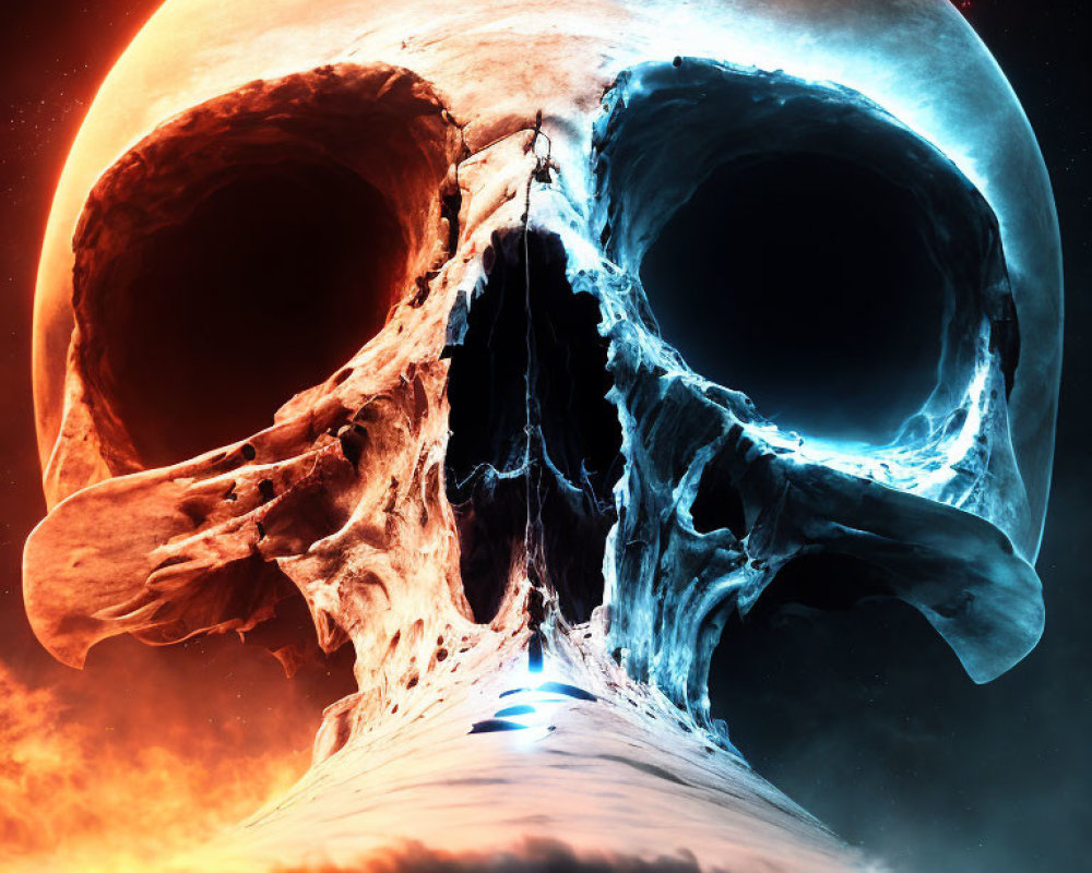 Surreal human skull with cosmic background and contrasting tones