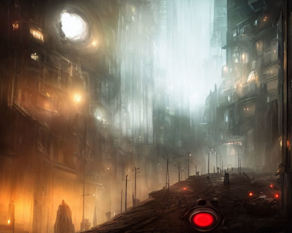 Moody cyberpunk cityscape with towering buildings and neon lights