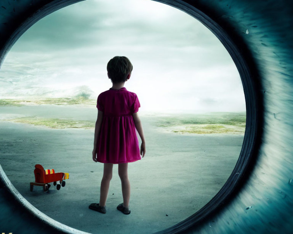 Child in purple dress at circular portal with stormy landscape and toy plane