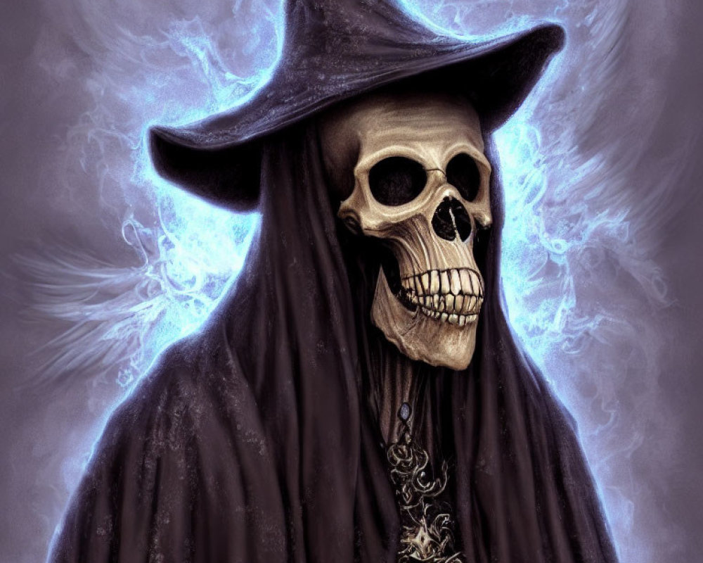 Detailed artwork: Skull in dark robe and hat with blue energy swirls