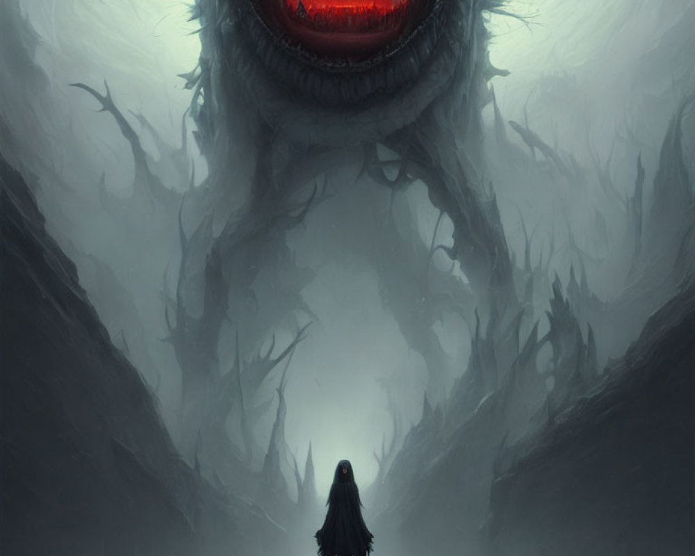 Cloaked figure facing massive creature with glowing red eyes in mist