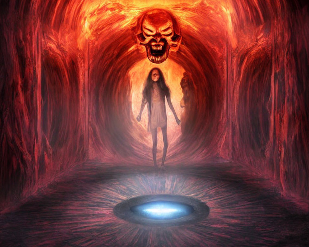 Fiery tunnel with lava walls, skull-shaped formation, and blue portal.