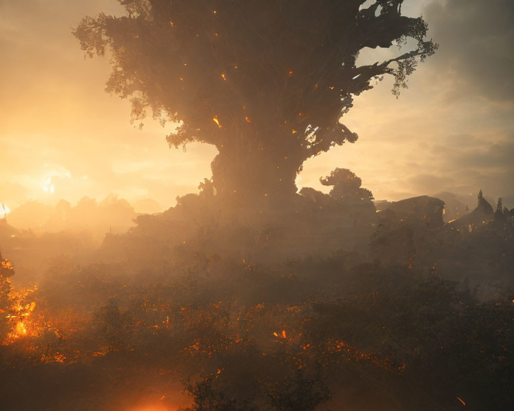 Enormous tree in mystical landscape at golden sunset