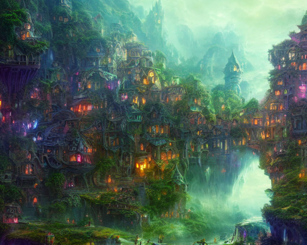 Enchanting cliffside village with glowing windows and waterfalls