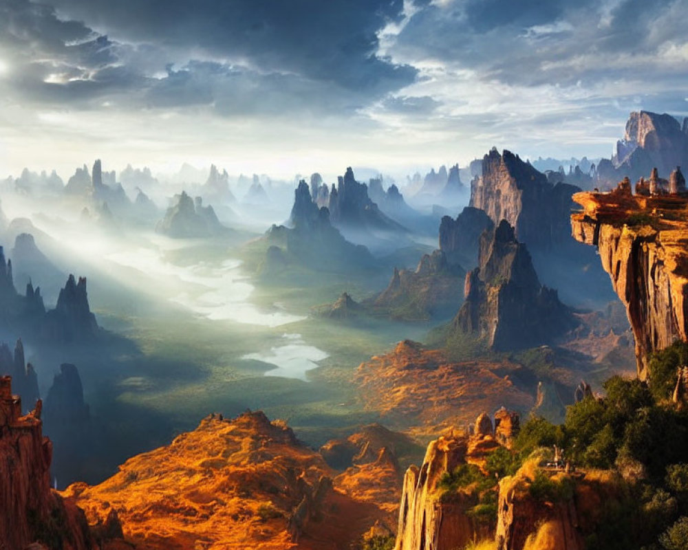 Majestic landscape with rock formations, valleys, and river under hazy sky.