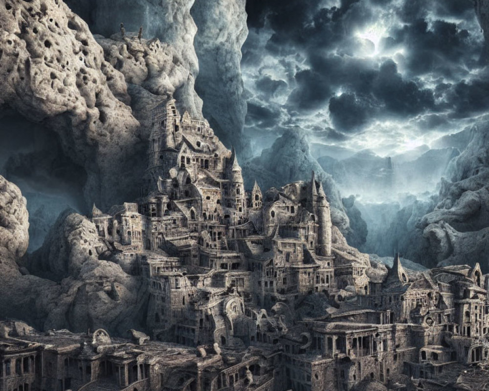 Ethereal fantasy city with intricate architecture and dramatic stormy sky