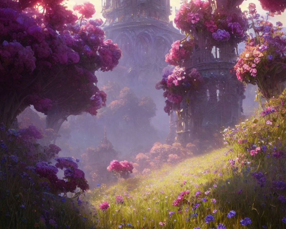Mystical landscape with purple trees, green meadow, and gothic tower in sunlight