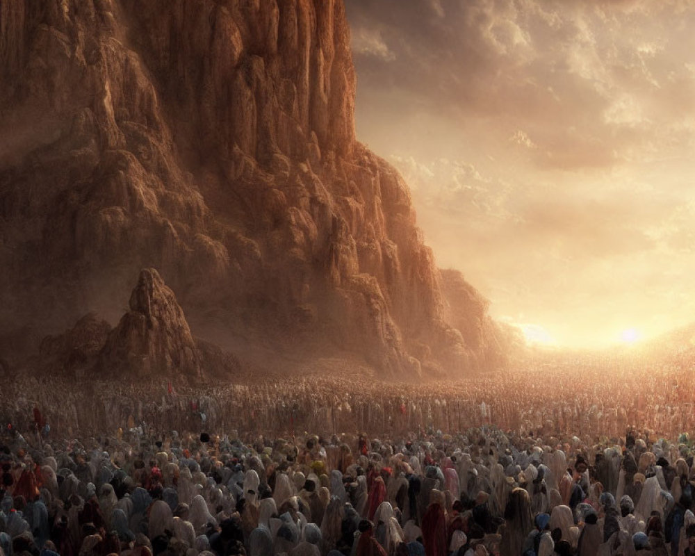 Crowd in white attire facing sunset over desert mountains