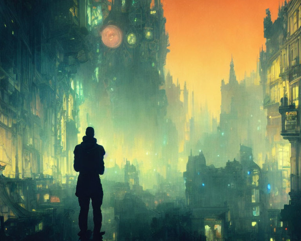 Solitary figure gazes at futuristic cityscape at dusk