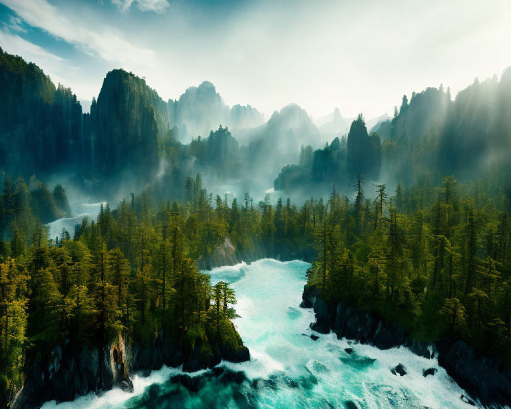 Tranquil landscape: Turquoise river, misty forest, sunrise