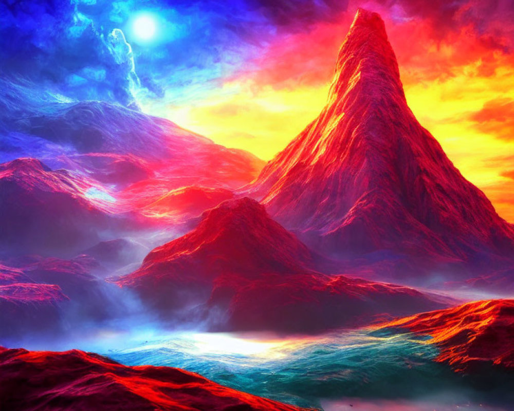 Surreal landscape: vivid red mountains, luminescent blue and pink skies