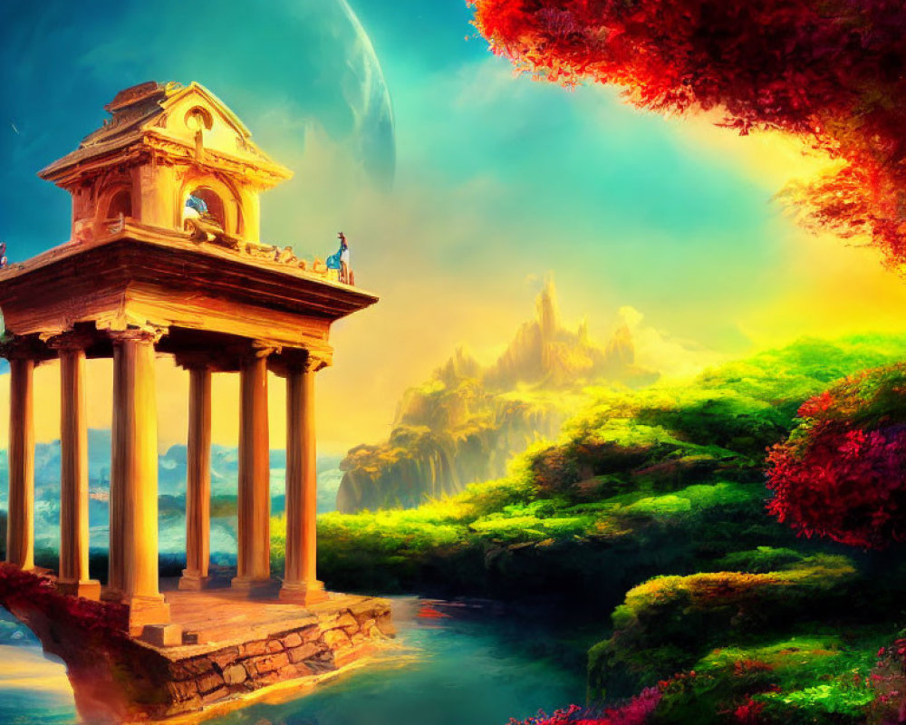 Colorful Fantasy Landscape with Ancient Temple, River, and Moon