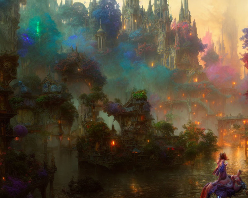 Vibrant fantasy landscape with towering spires and mist-shrouded waterways