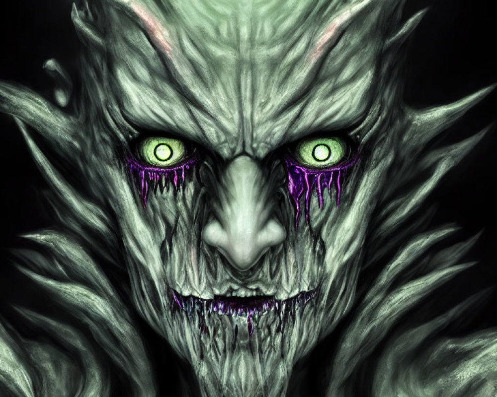 Fantasy creature with green eyes, sharp features, and purple liquid accents