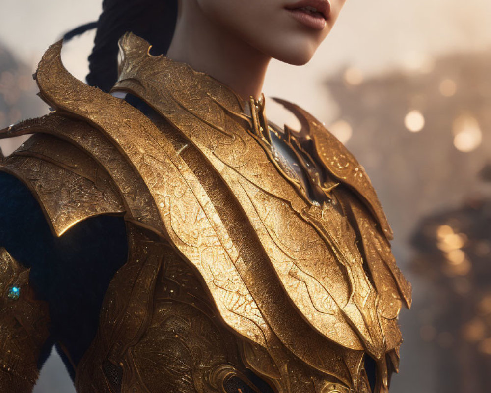Woman in Elaborate Golden Armor Under Warm Lighting