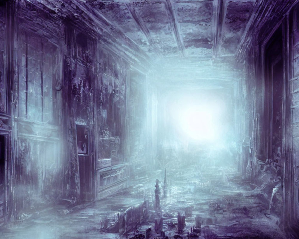 Desolate hallway with blue light, debris, and glowing end