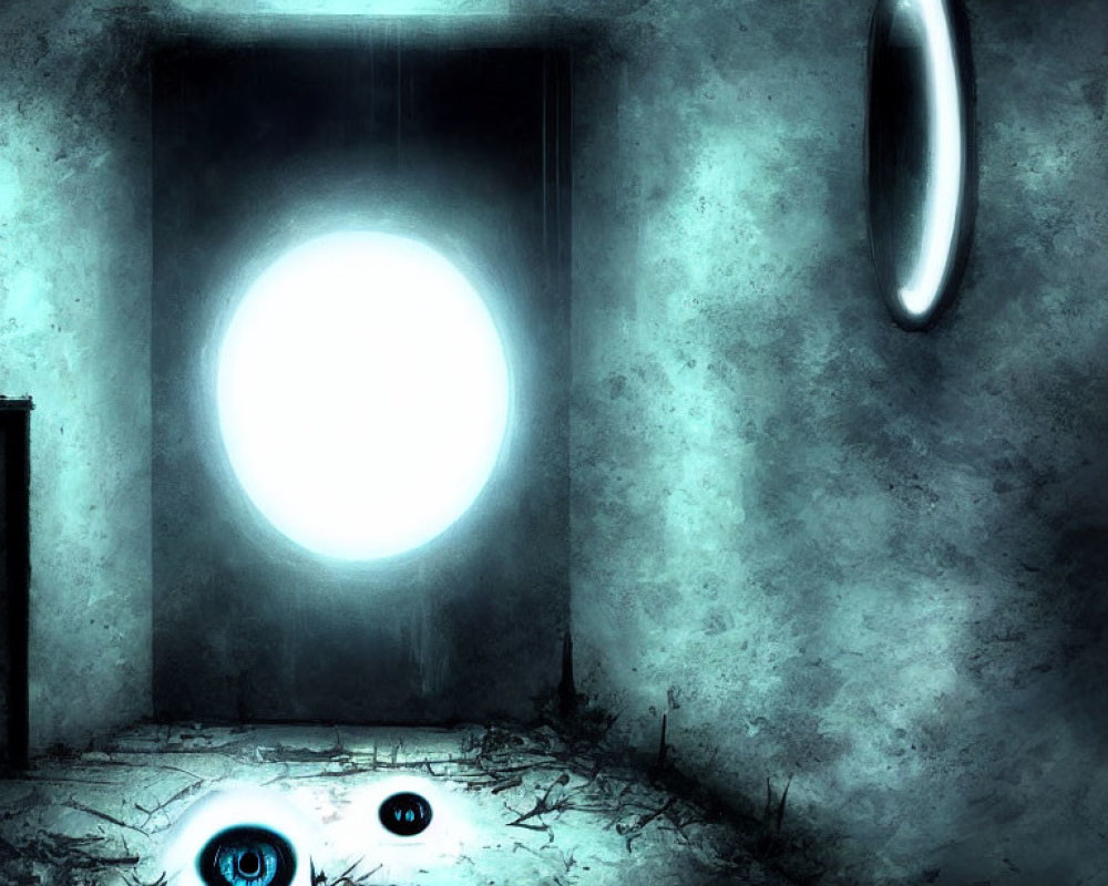 Dimly Lit Room with Glowing Portal, Mysterious Door, and Ominous Eyes