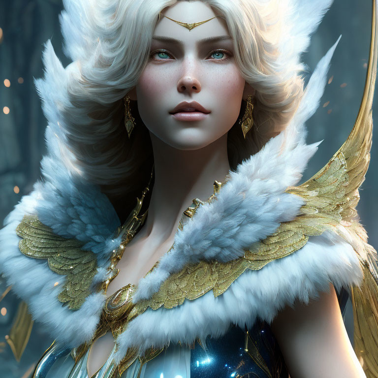 Fantasy female character with white hair, blue eyes, golden armor, and feathered shoulders in mystical