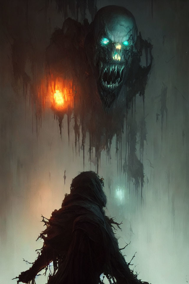 Cloaked figure confronts giant skull in misty setting