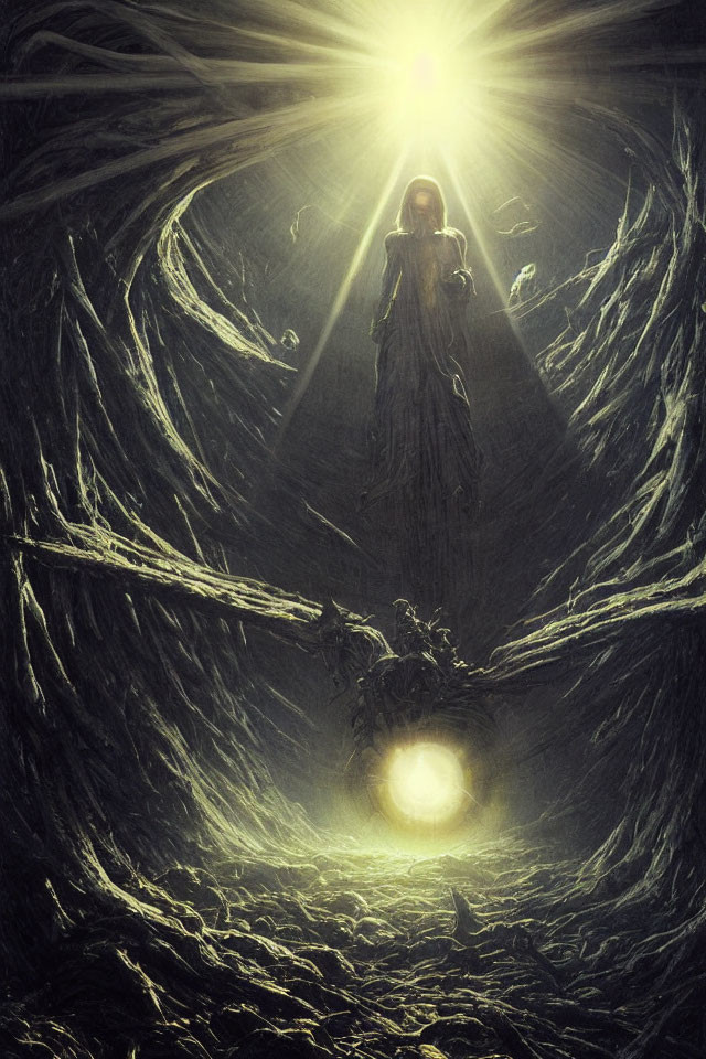 Cloaked figure under radiant light with glowing orb and swirling dark strands