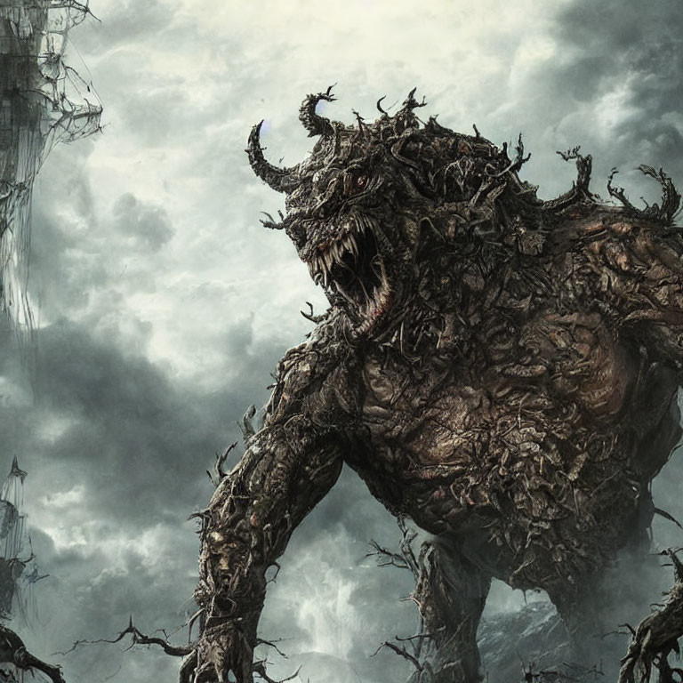 Monstrous creature with horns and jagged teeth in stormy setting