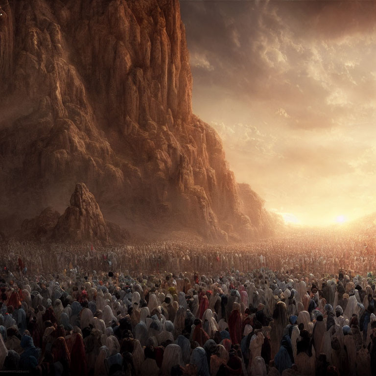 Crowd in white attire facing sunset over desert mountains