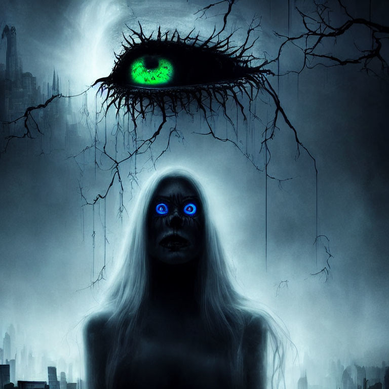 Surreal image of ghastly figure with luminous blue eyes and immense green eye in dark