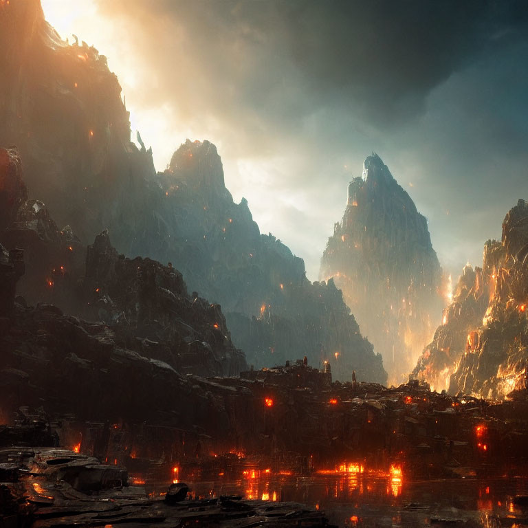 Rugged Mountains with Glowing Lava Flows and Fiery Light Reflecting on Water