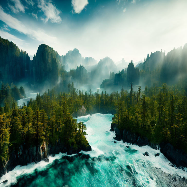 Tranquil landscape: Turquoise river, misty forest, sunrise