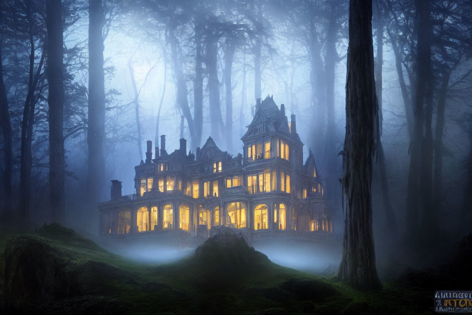 Eerie illuminated mansion in misty twilight forest