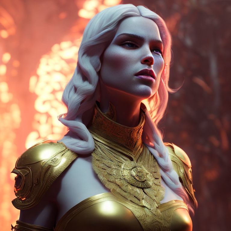 White-Haired Female Figure in Gold Armor on Fiery Background