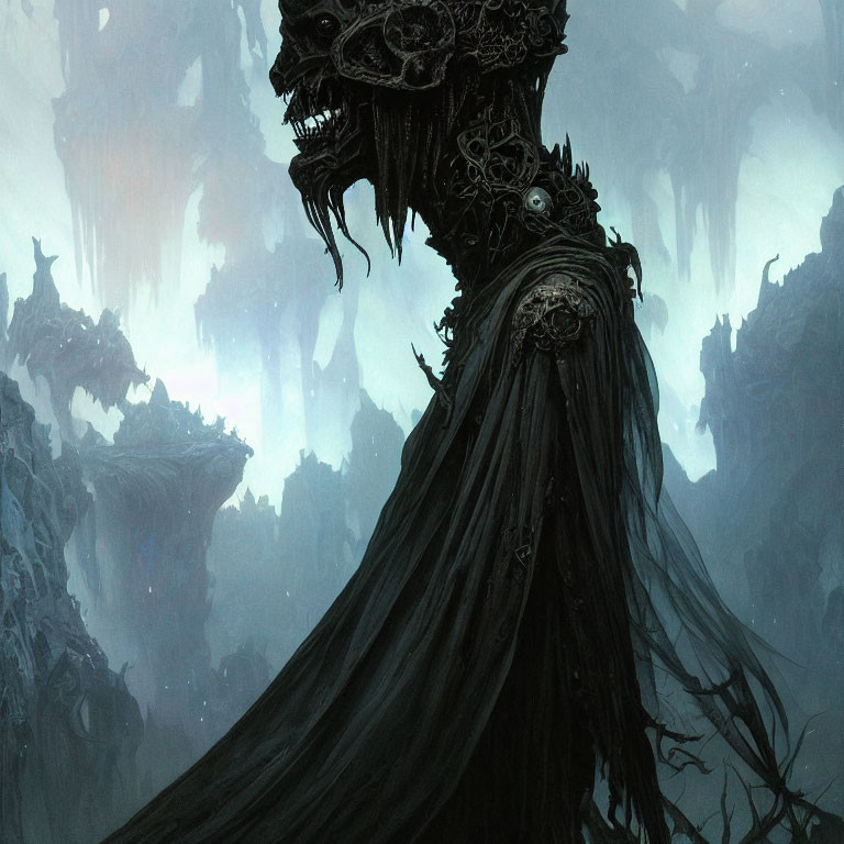 Eerie skull-faced figure in tattered robes on misty landscape