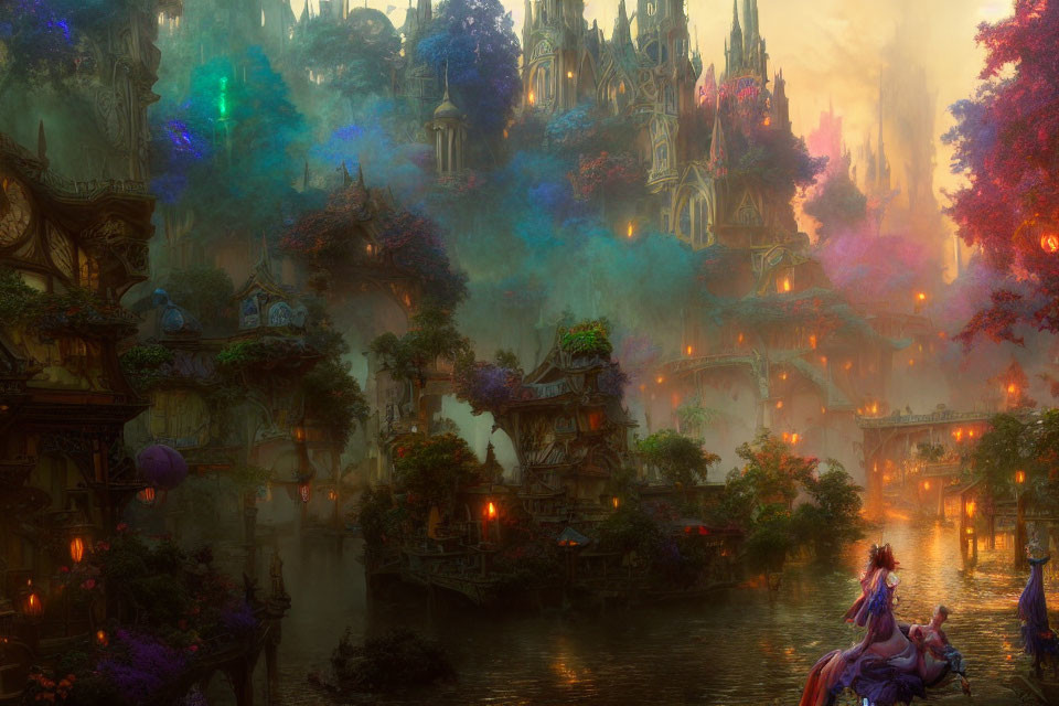 Vibrant fantasy landscape with towering spires and mist-shrouded waterways