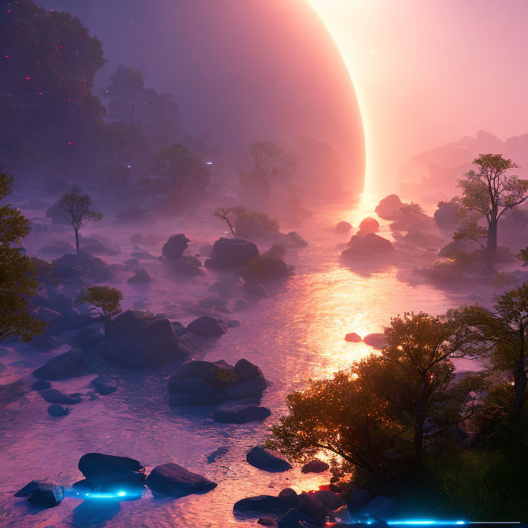 Mystical landscape with glowing river, rocks, trees, and large planet in ethereal mist