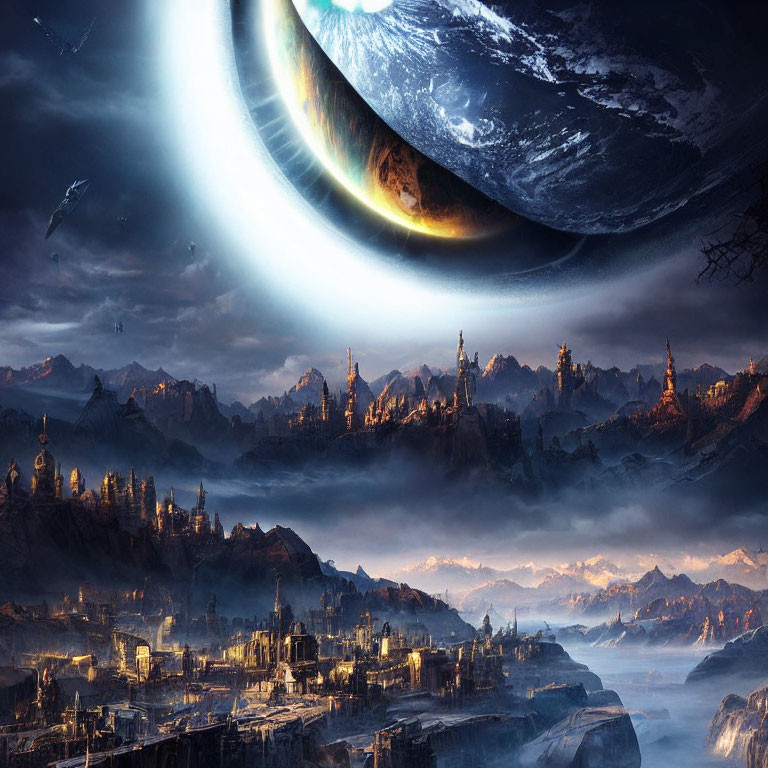 Futuristic cityscape with advanced structures on rugged terrain under celestial sky.