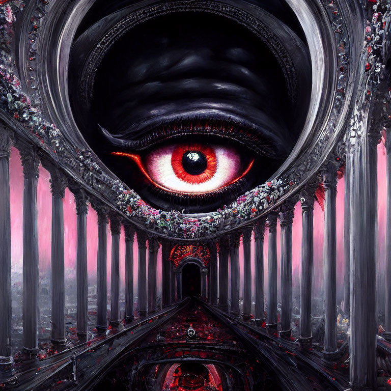Circular hall with classical columns and ominous eye in red and black décor
