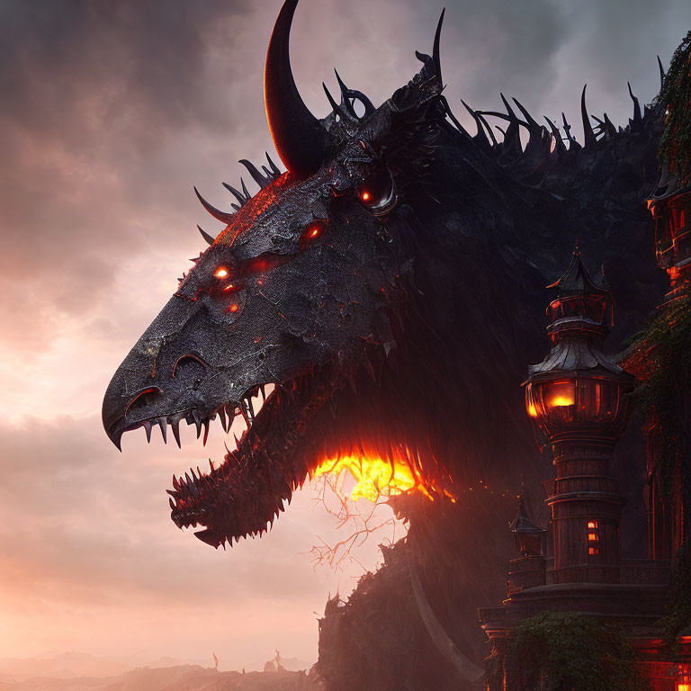 Giant dragon with glowing eyes beside Asian pagoda at dusk