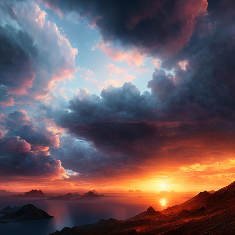 Dramatic fiery sunset over serene ocean and mountains