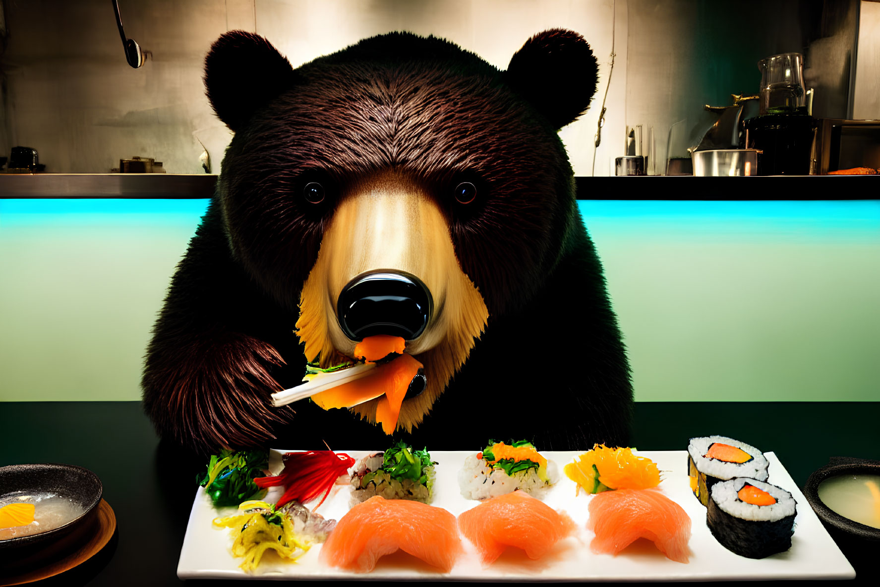 Large Bear Sculpture Enjoying Sushi in Modern Kitchen