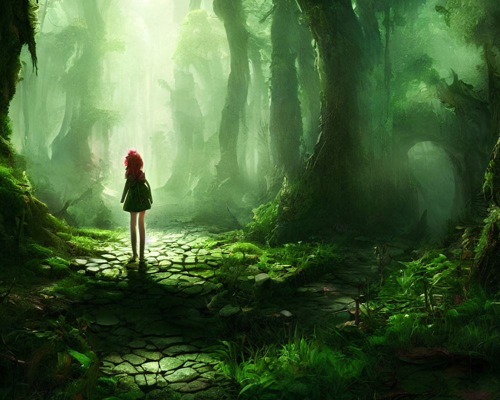 Red-Haired Person in Sunlit Green Forest with Towering Trees