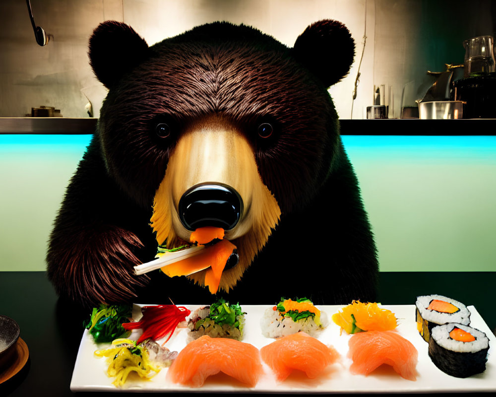 Large Bear Sculpture Enjoying Sushi in Modern Kitchen