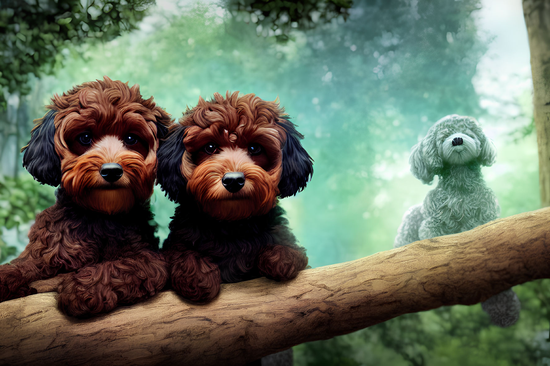 Three fluffy dogs on tree branch in lush forest